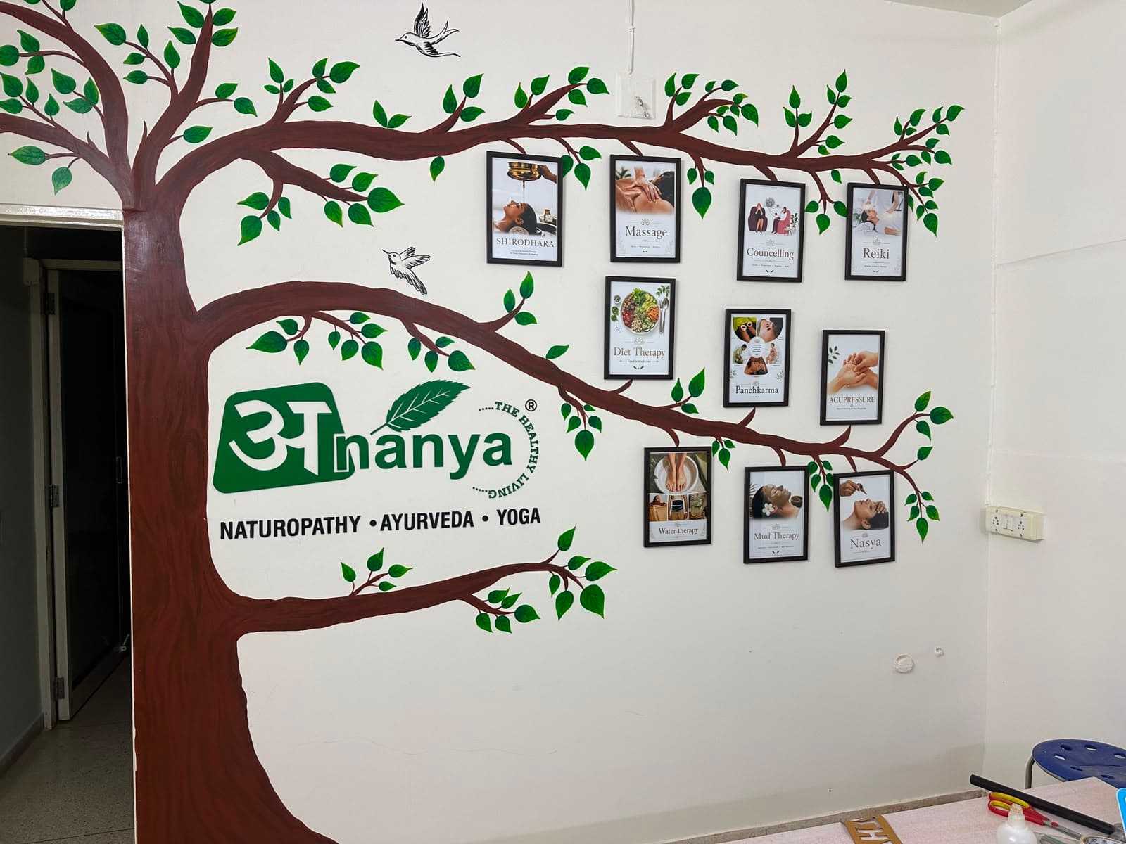 The healing tree wall showing the therapies offered at Ananya Naturopathy